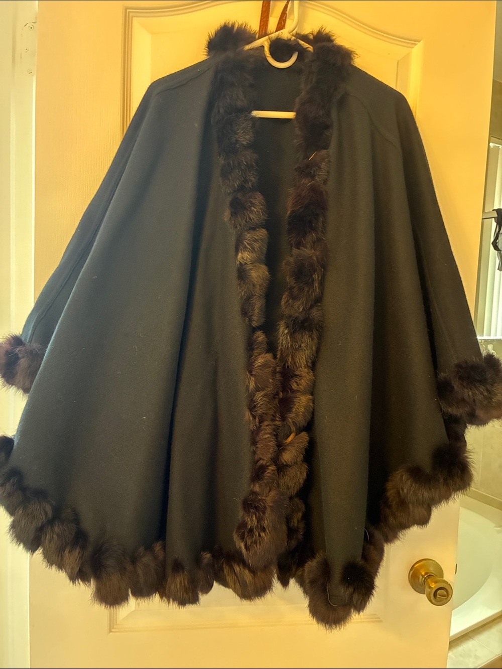 Black Fur-Trim Cape Sweater - Women's Elegant Outerwear